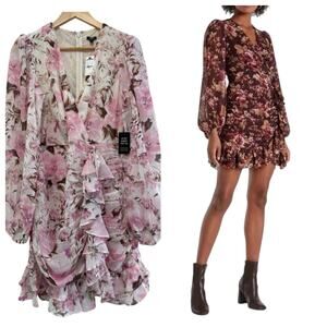 Express Pink Floral‎ Ruched Ruffle Faux Wrap Mini Dress Size M Long Sleeve Fairy